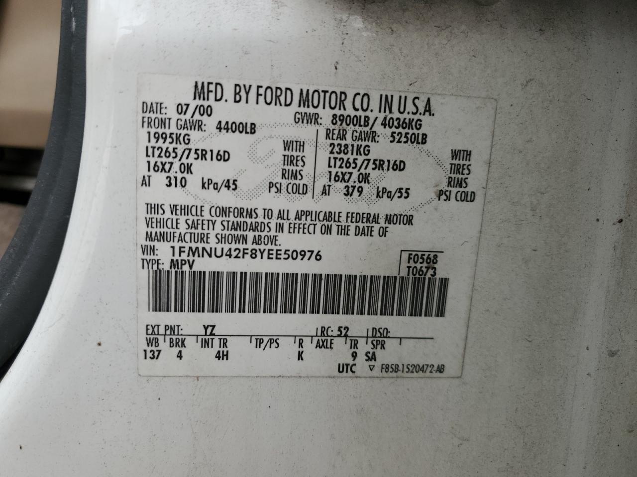 1FMNU42F8YEE50976 2000 Ford Excursion Limited