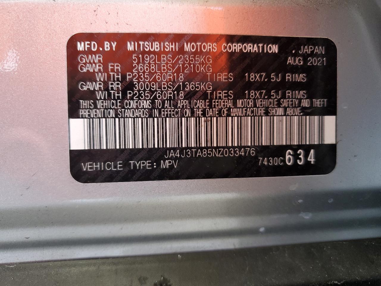 JA4J3TA85NZ033476 2022 Mitsubishi Outlander Es