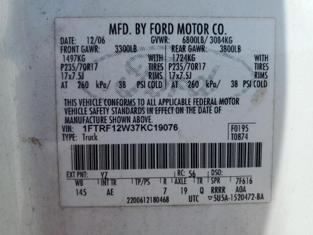 2007 Ford F150 VIN: 1FTRF12W37KC19076 Lot: 62299434