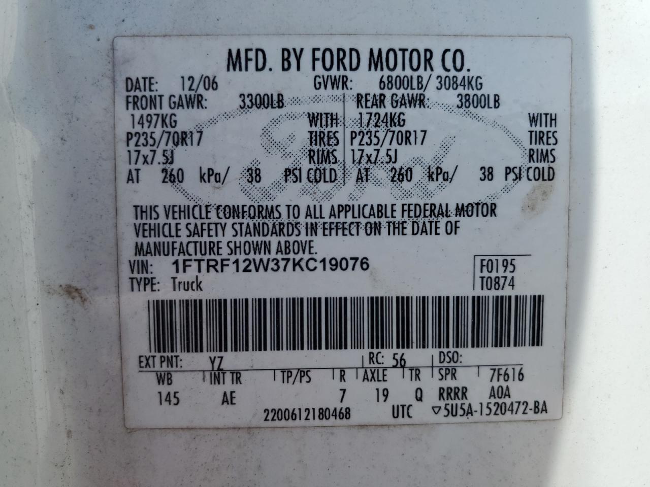 1FTRF12W37KC19076 2007 Ford F150