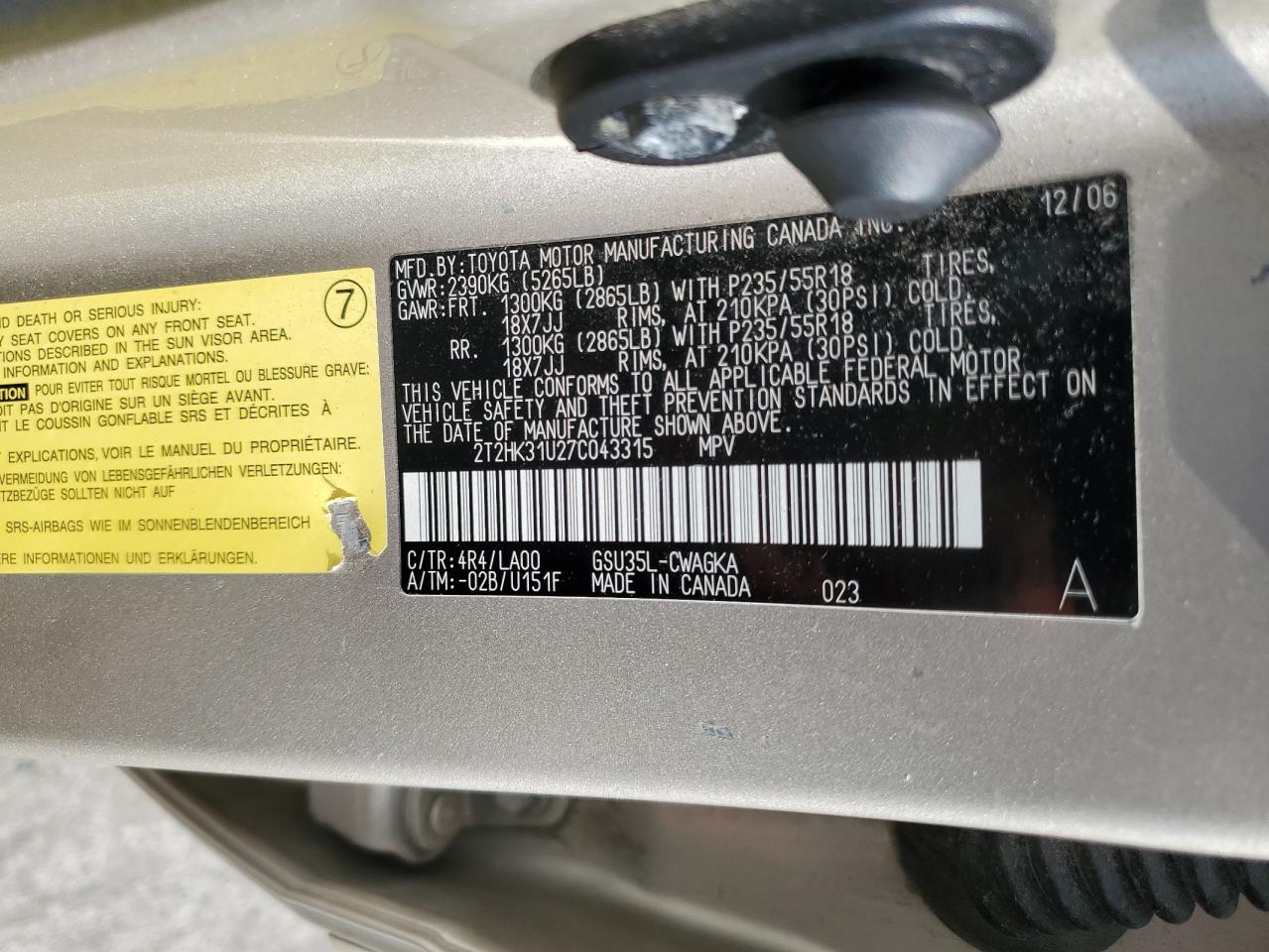 2T2HK31U27C043315 2007 Lexus Rx 350