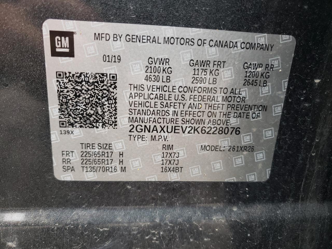 2GNAXUEV2K6228076 2019 Chevrolet Equinox Lt