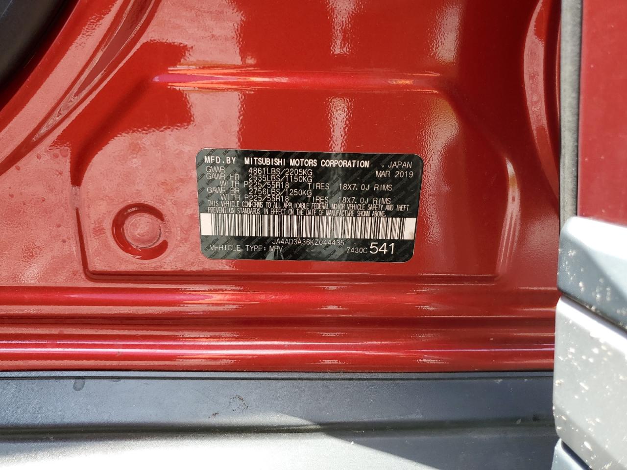 JA4AD3A36KZ044435 2019 Mitsubishi Outlander Se