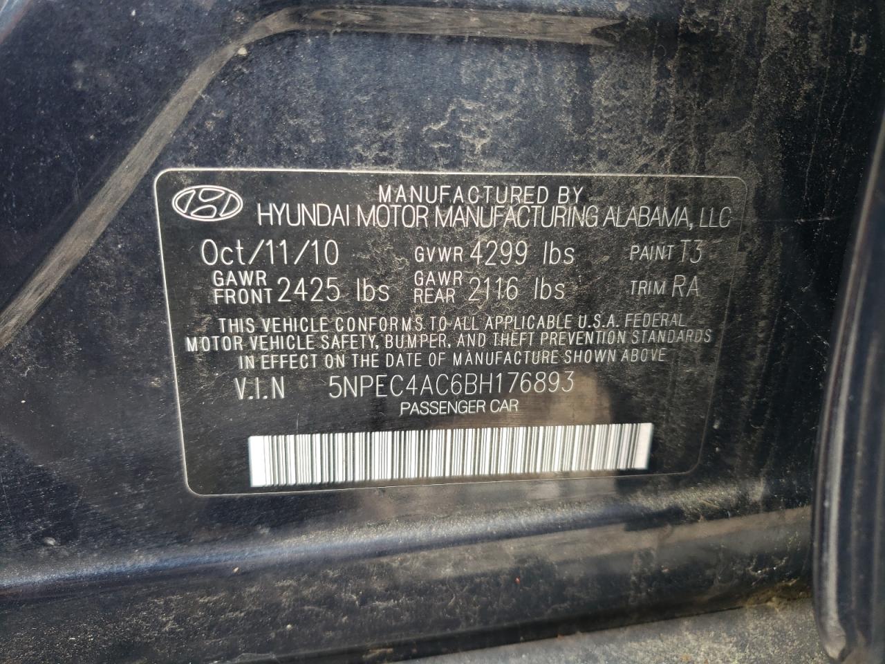 5NPEC4AC6BH176893 2011 Hyundai Sonata Se