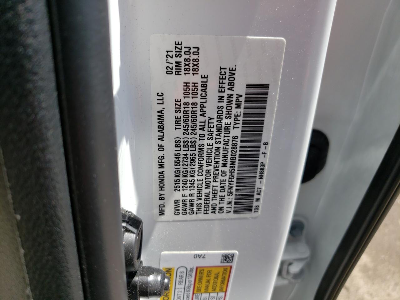 5FNYF5H58MB028876 2021 Honda Pilot Exl