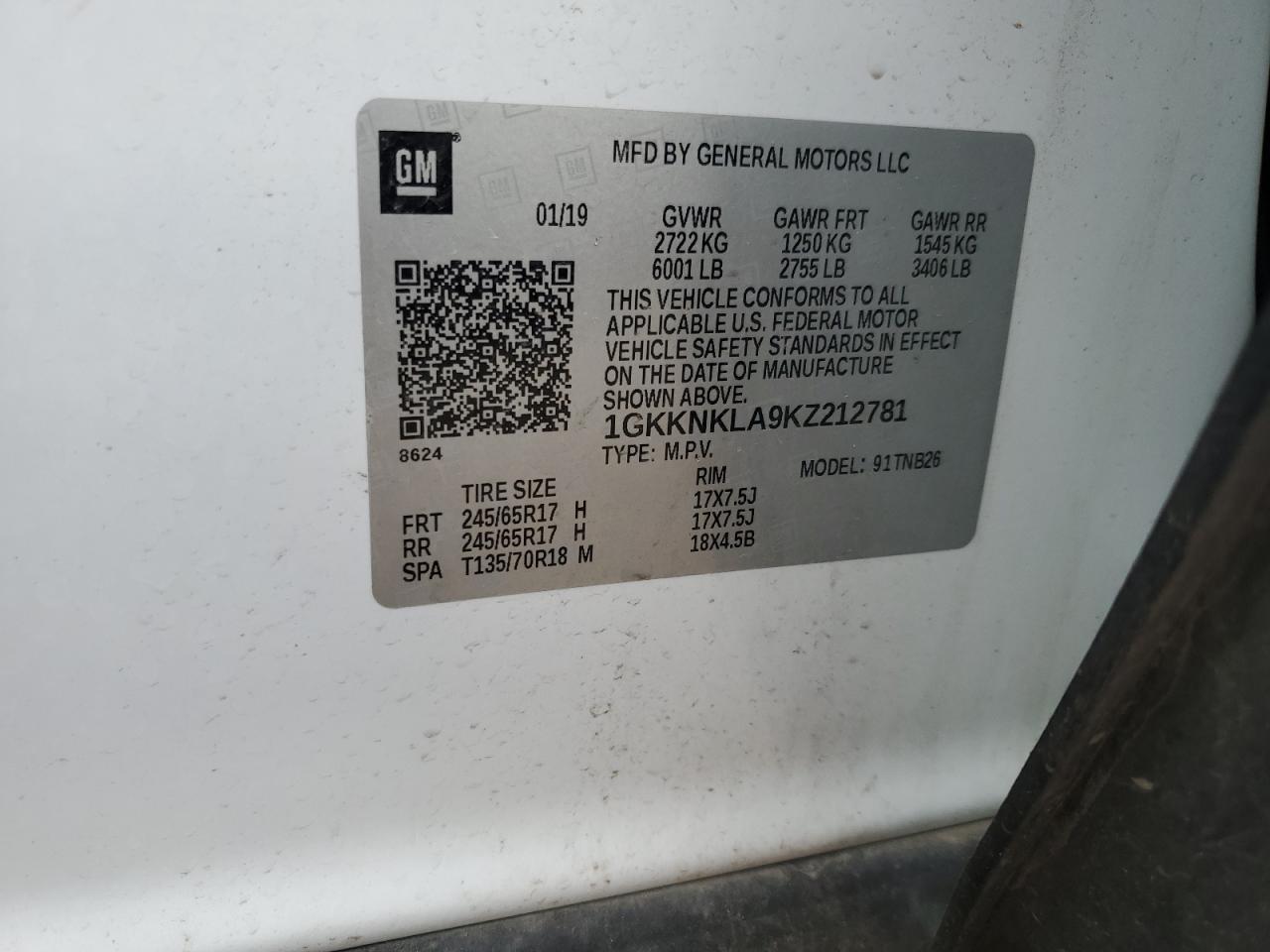 1GKKNKLA9KZ212781 2019 GMC Acadia Sle