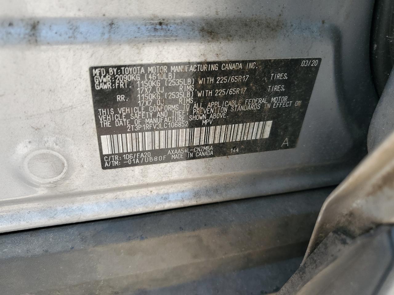 2T3P1RFV3LC106852 2020 Toyota Rav4 Xle