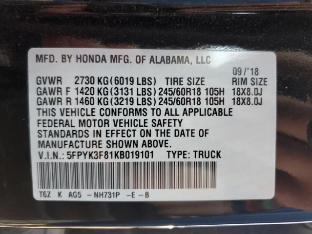 2019 Honda Ridgeline Black Edition VIN: 5FPYK3F81KB019101 Lot: 62391904