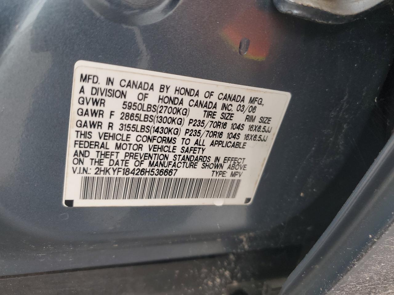 2HKYF18426H536667 2006 Honda Pilot Ex