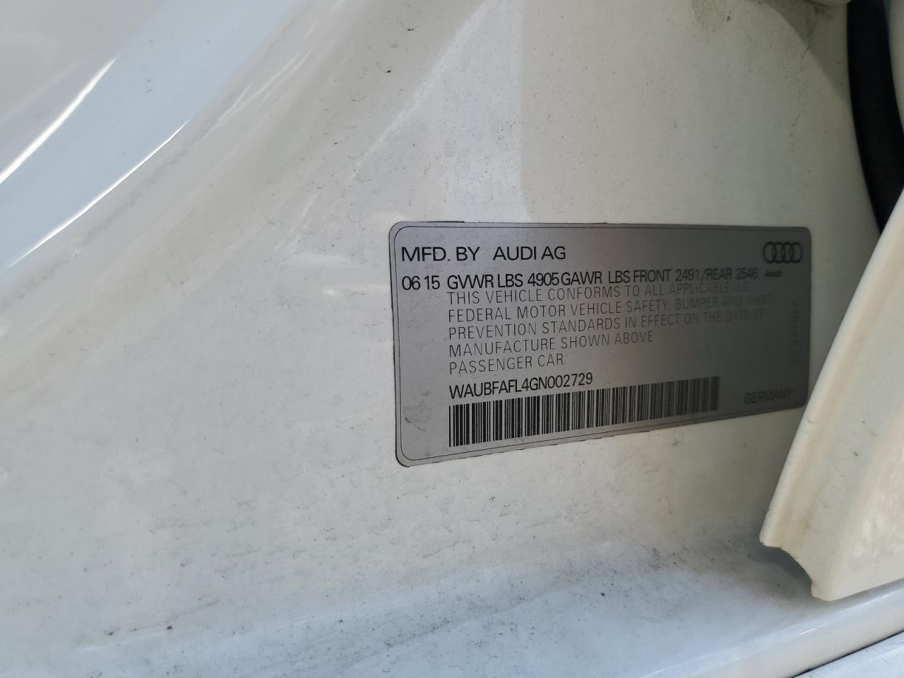 WAUBFAFL4GN002729 2016 Audi A4 Premium S-Line