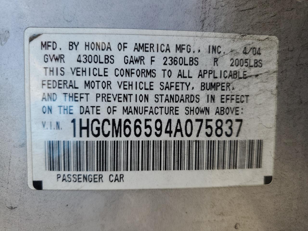 1HGCM66594A075837 2004 Honda Accord Ex