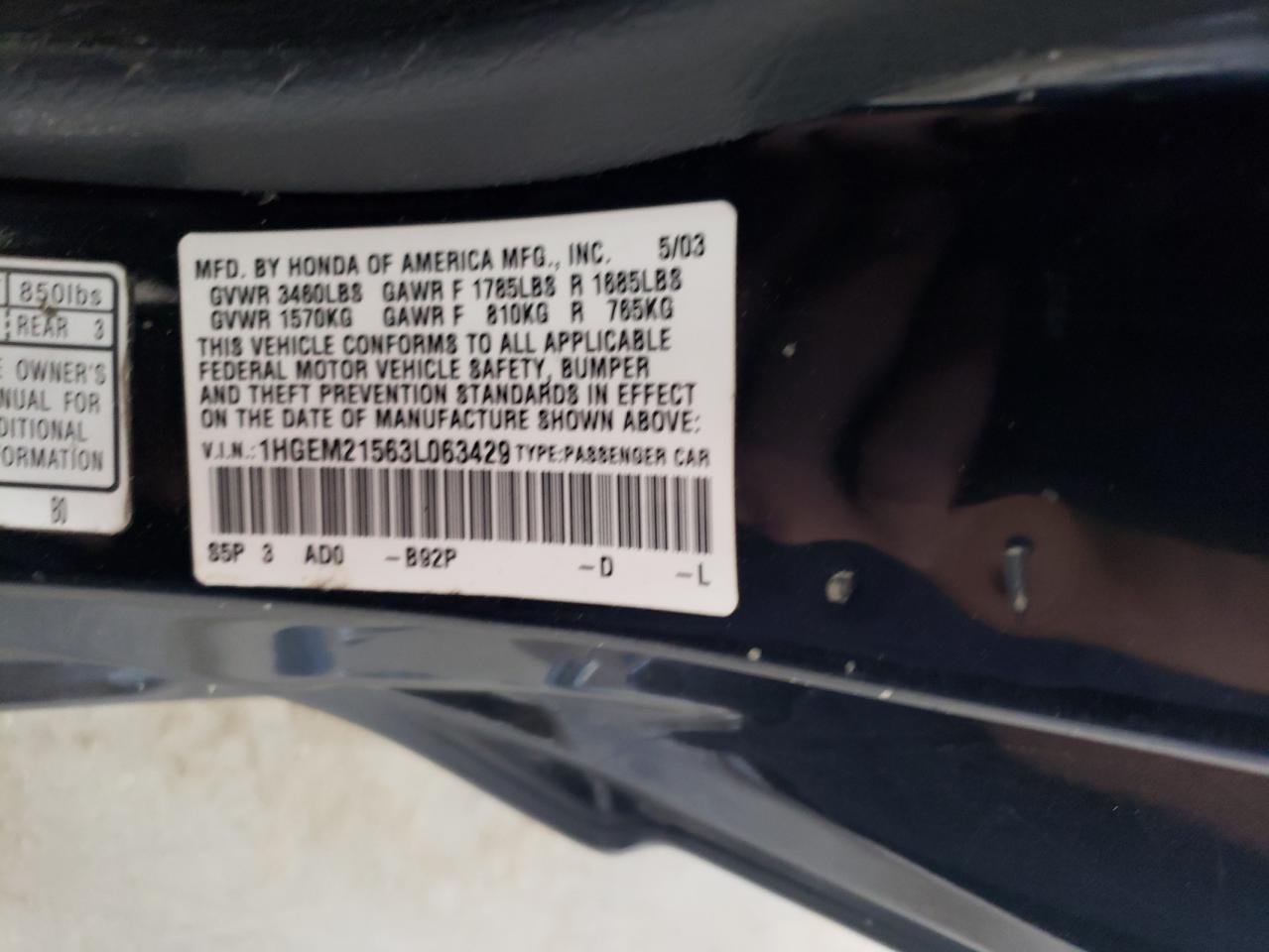 1HGEM21563L063429 2003 Honda Civic Lx