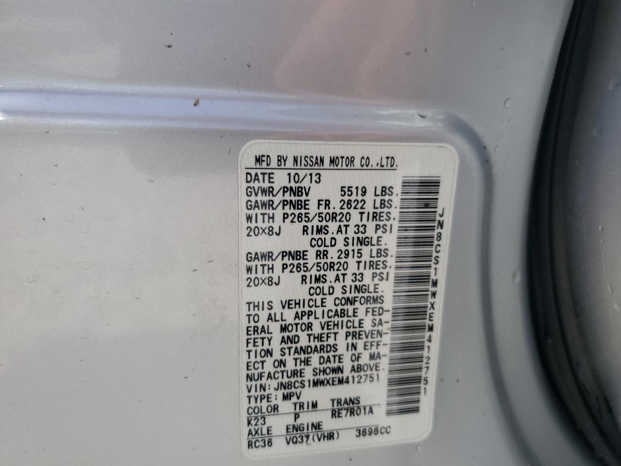 JN8CS1MWXEM412751 2014 Infiniti Qx70