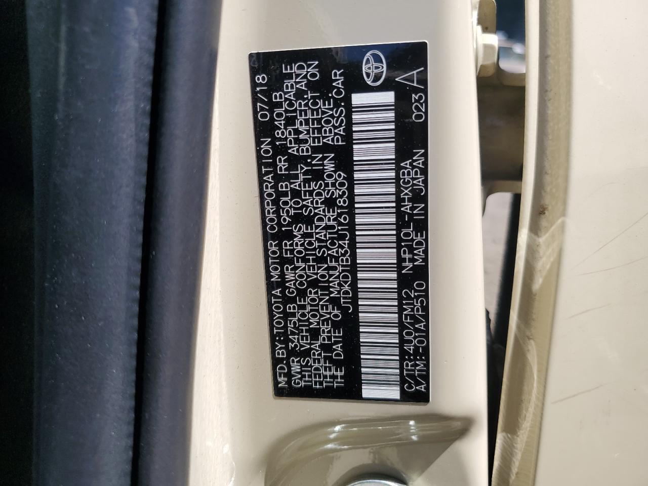 JTDKDTB34J1618309 2018 Toyota Prius C