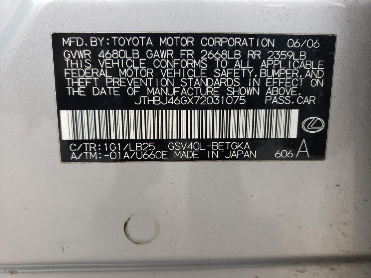 JTHBJ46GX72031075 2007 Lexus Es 350