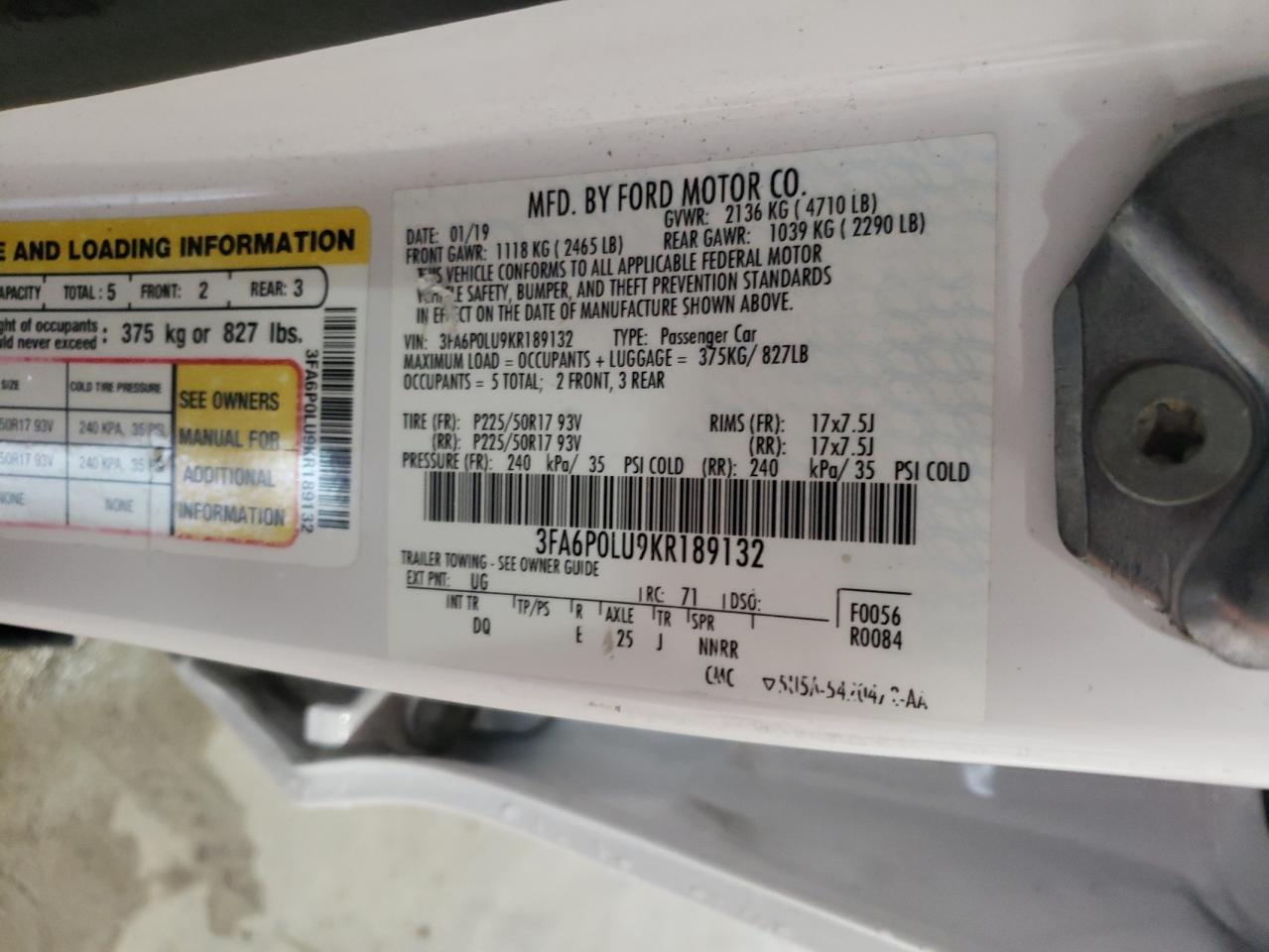 3FA6P0LU9KR189132 2019 Ford Fusion Se