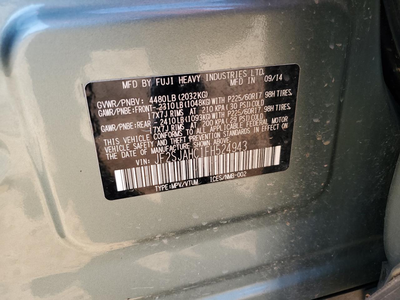 JF2SJAHC1FH524943 2015 Subaru Forester 2.5I Limited