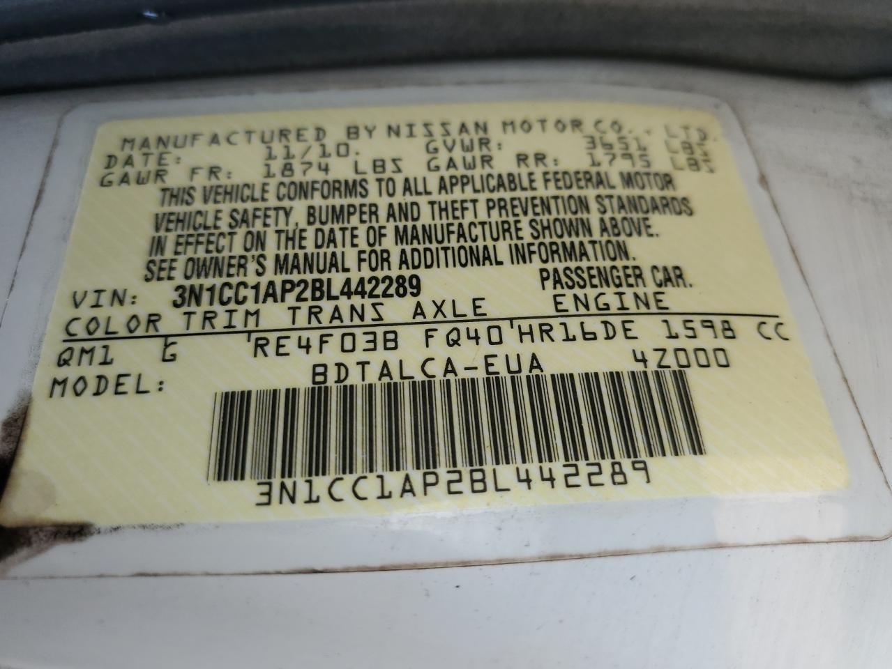 3N1CC1AP2BL442289 2011 Nissan Versa S