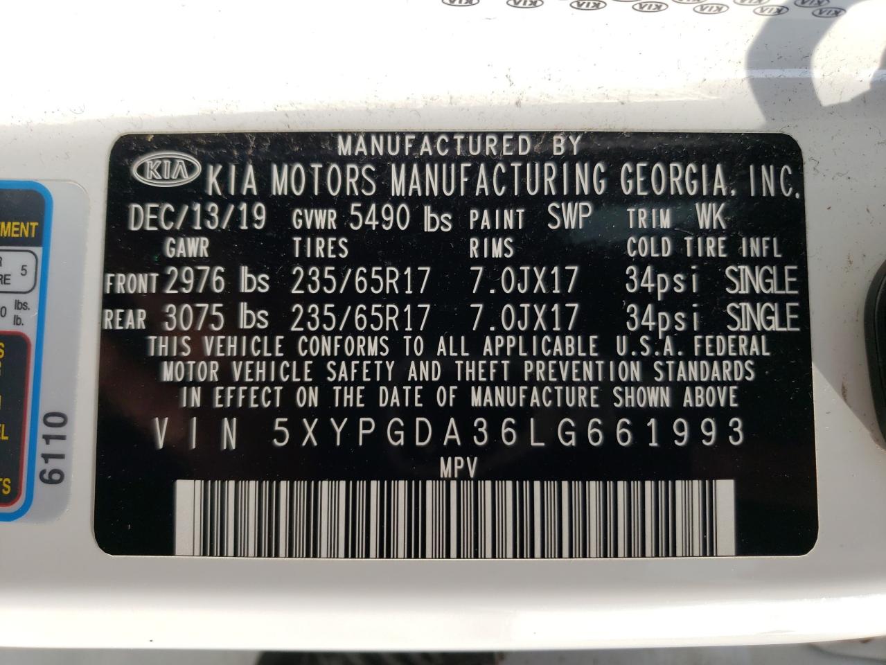 5XYPGDA36LG661993 2020 Kia Sorento L