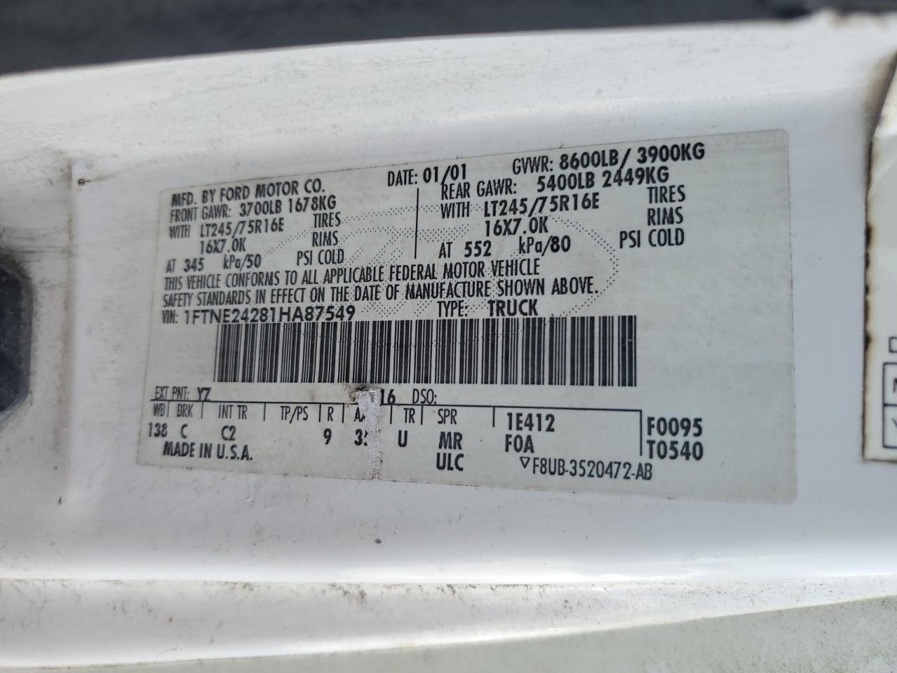 1FTNE24281HA87549 2001 Ford Econoline E250 Van