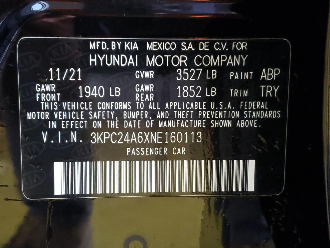 3KPC24A6XNE160113 2022 Hyundai Accent Se