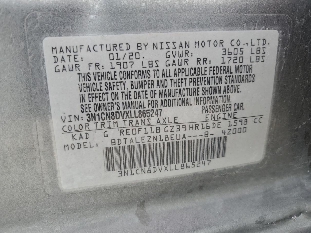 3N1CN8DVXLL865247 2020 Nissan Versa S