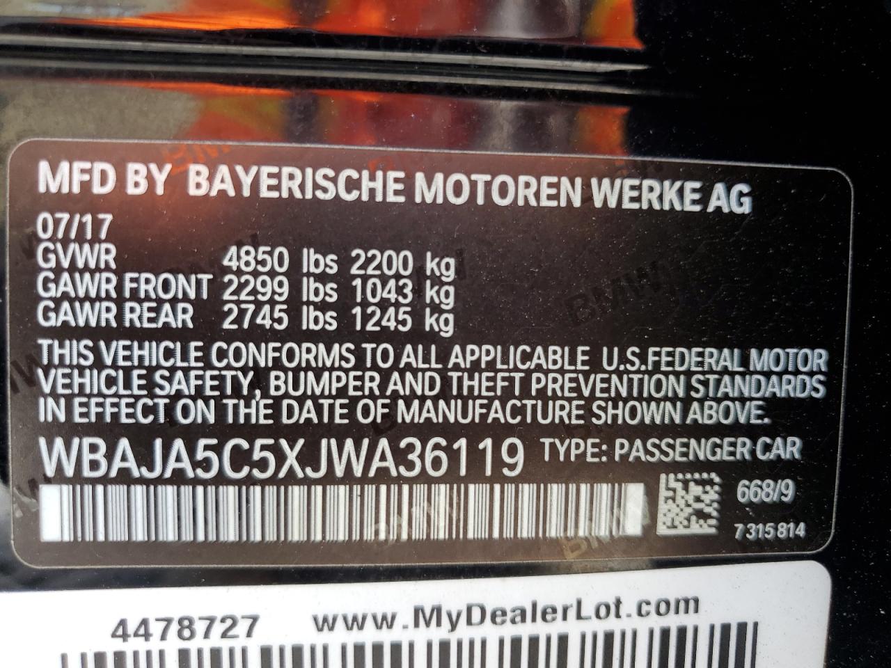 WBAJA5C5XJWA36119 2018 BMW 530 I