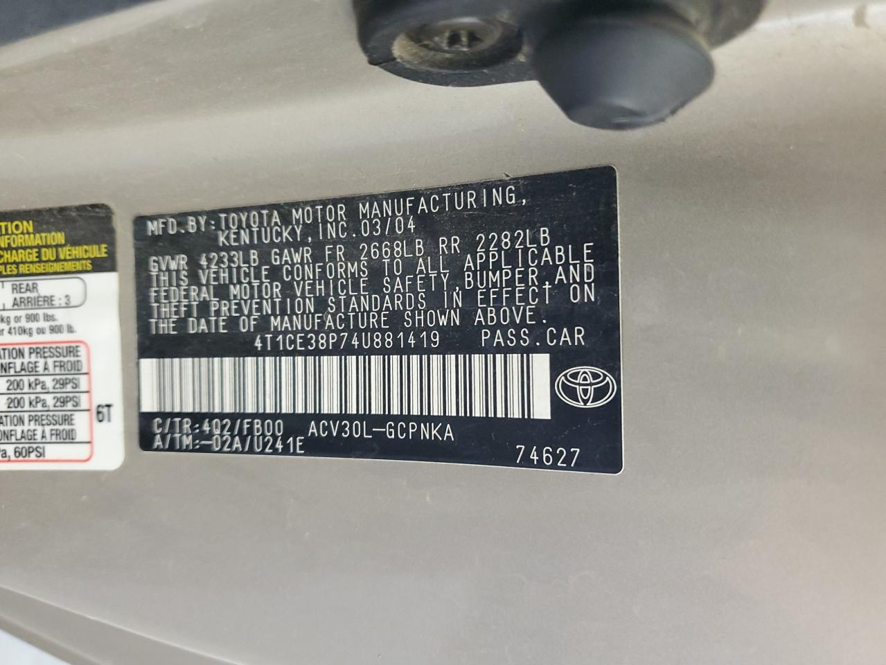 4T1CE38P74U881419 2004 Toyota Camry Solara Se