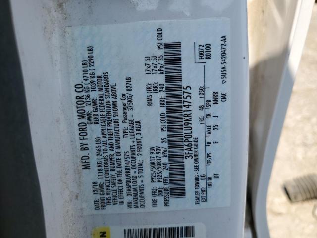 2019 Ford Fusion Se VIN: 3FA6P0LU9KR147575 Lot: 62072354