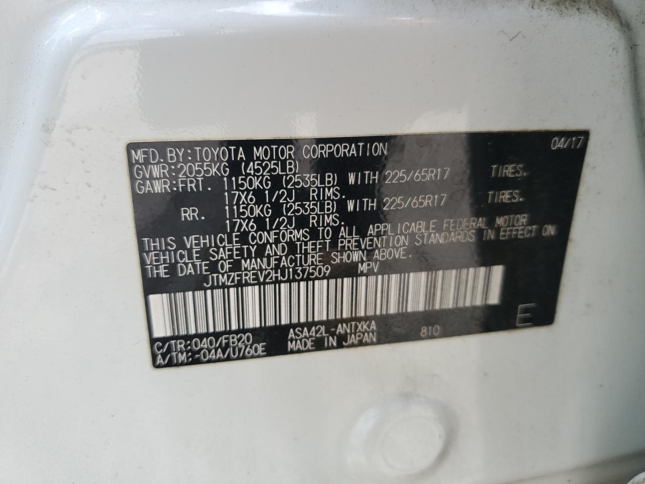 JTMZFREV2HJ137509 2017 Toyota Rav4 Le