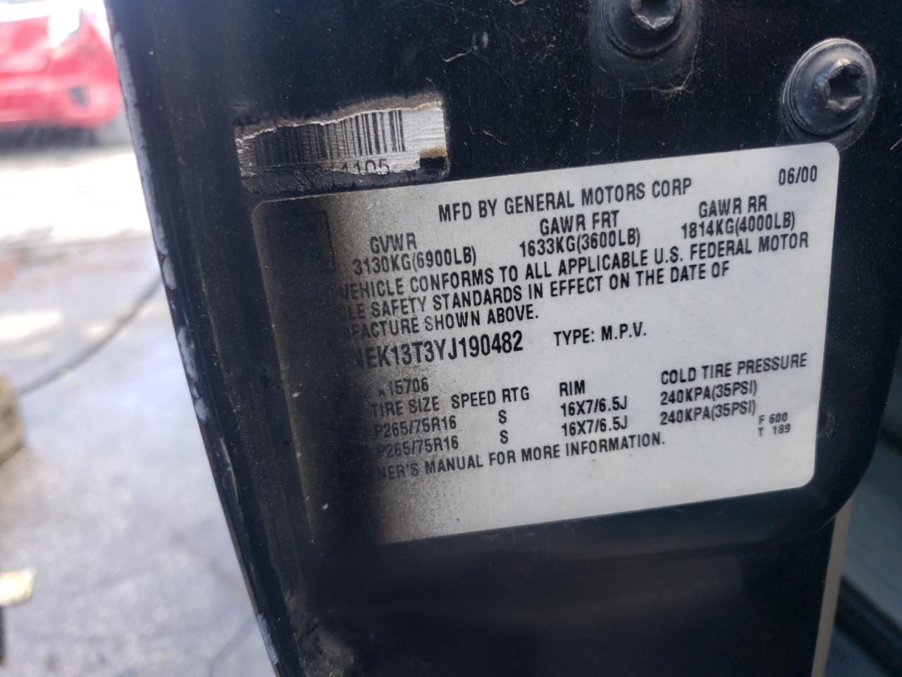 1GNEK13T3YJ190482 2000 Chevrolet Tahoe K1500