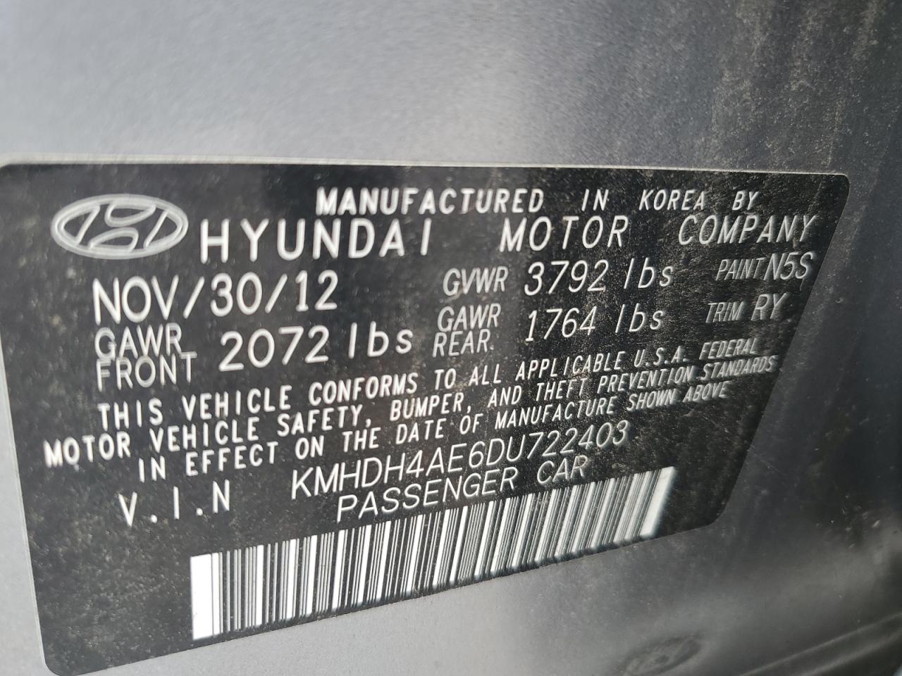 2013 Hyundai Elantra Gls vin: KMHDH4AE6DU722403