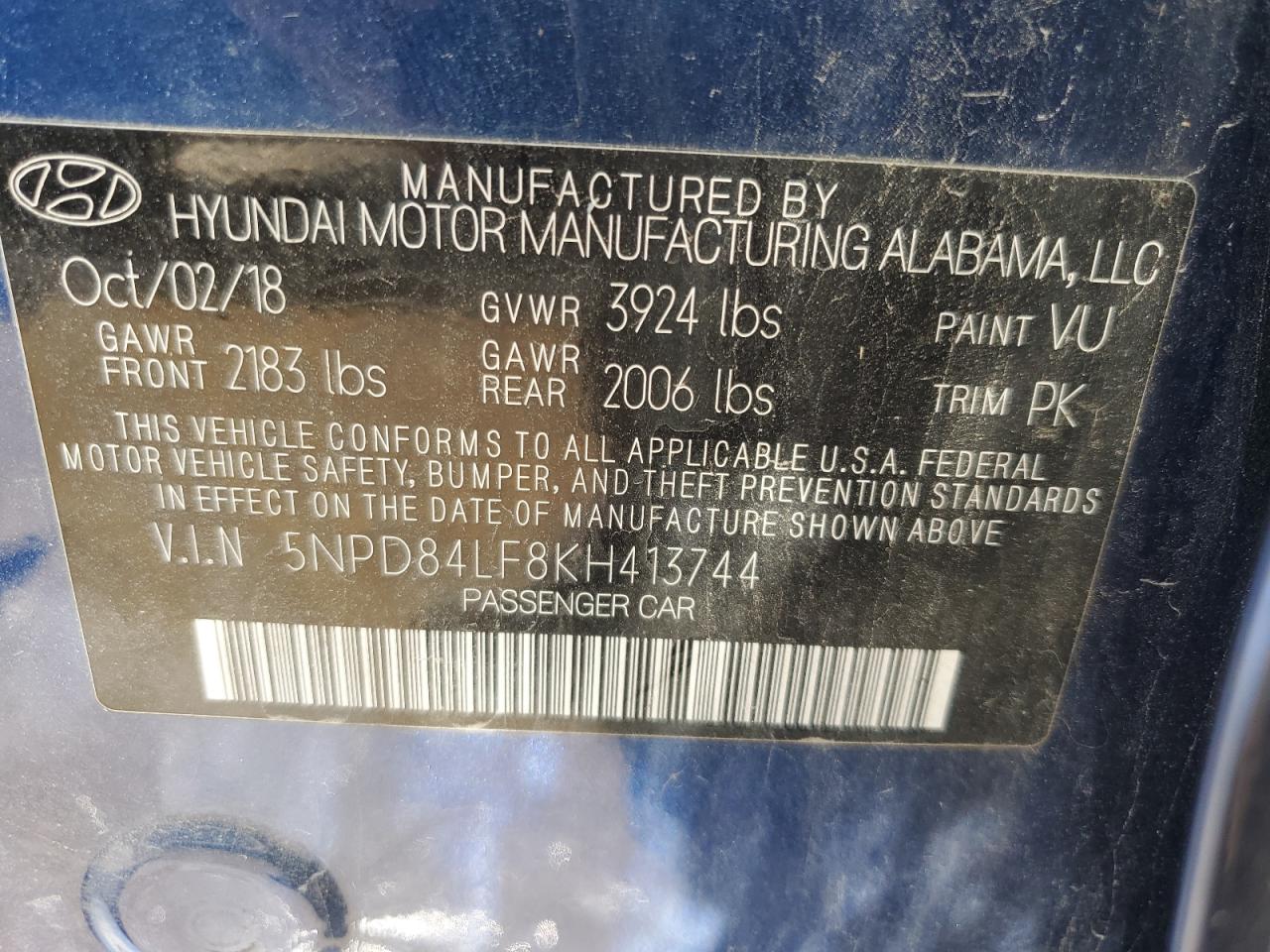 5NPD84LF8KH413744 2019 Hyundai Elantra Sel