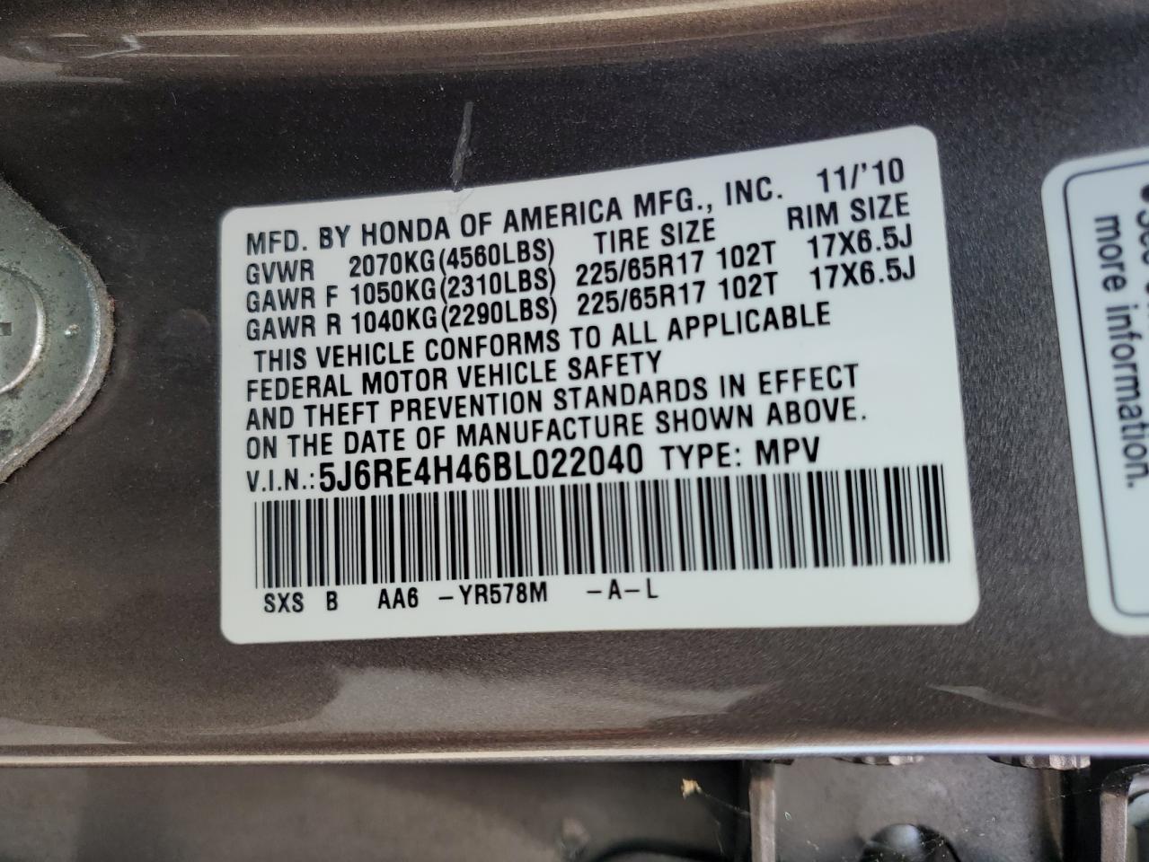 5J6RE4H46BL022040 2011 Honda Cr-V Se