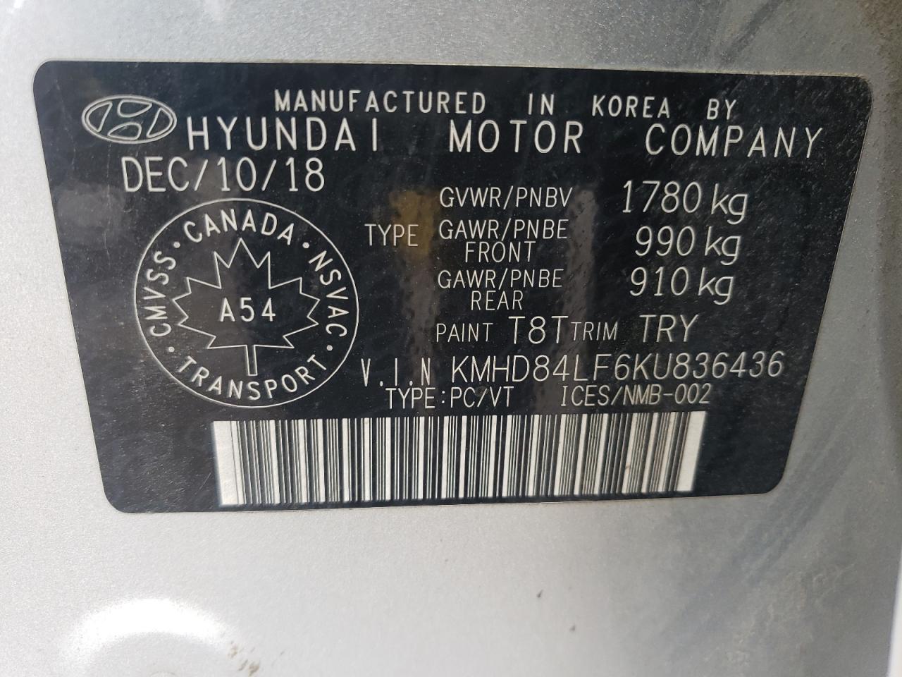 KMHD84LF6KU836436 2019 Hyundai Elantra Sel