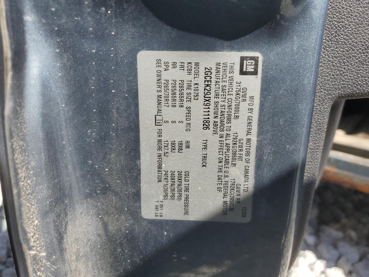 2GCEK29JX91111826 2009 Chevrolet Silverado K1500 Lt