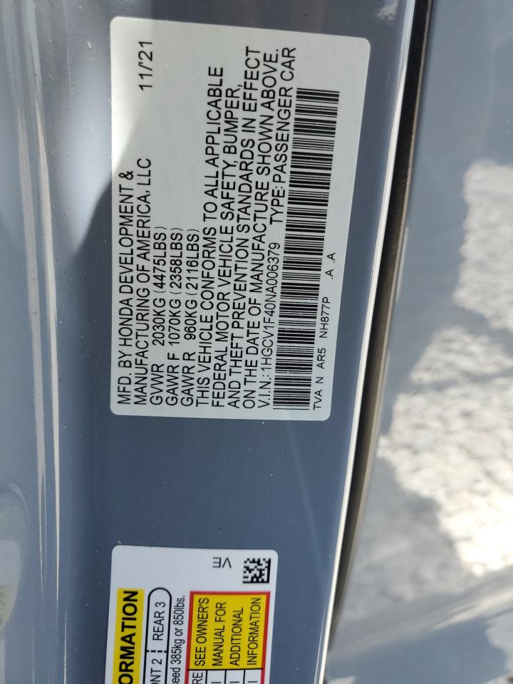 1HGCV1F40NA006379 2022 Honda Accord Sport Se