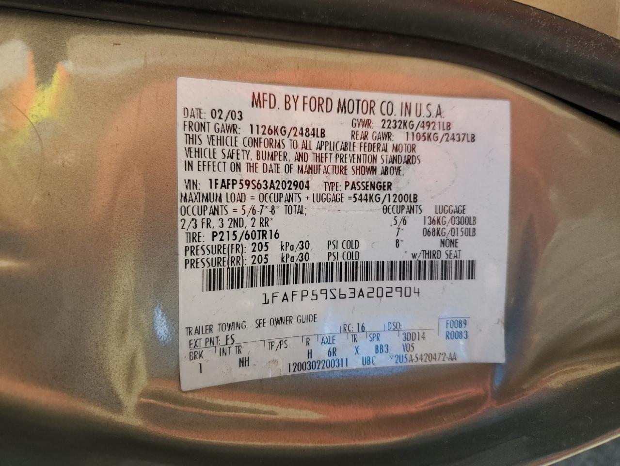 1FAFP59S63A202904 2003 Ford Taurus Sel