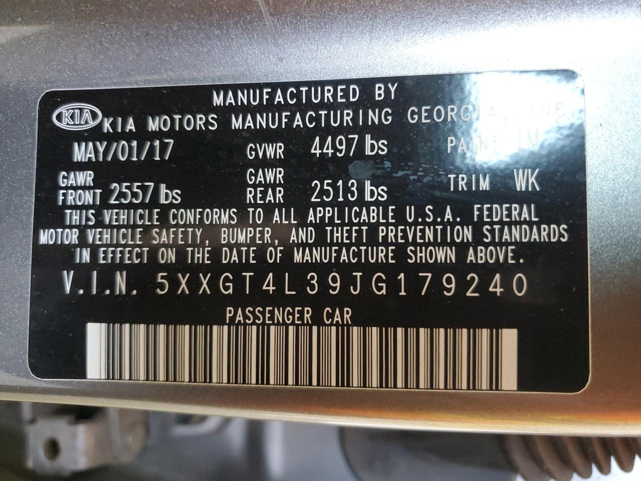 5XXGT4L39JG179240 2018 Kia Optima Lx