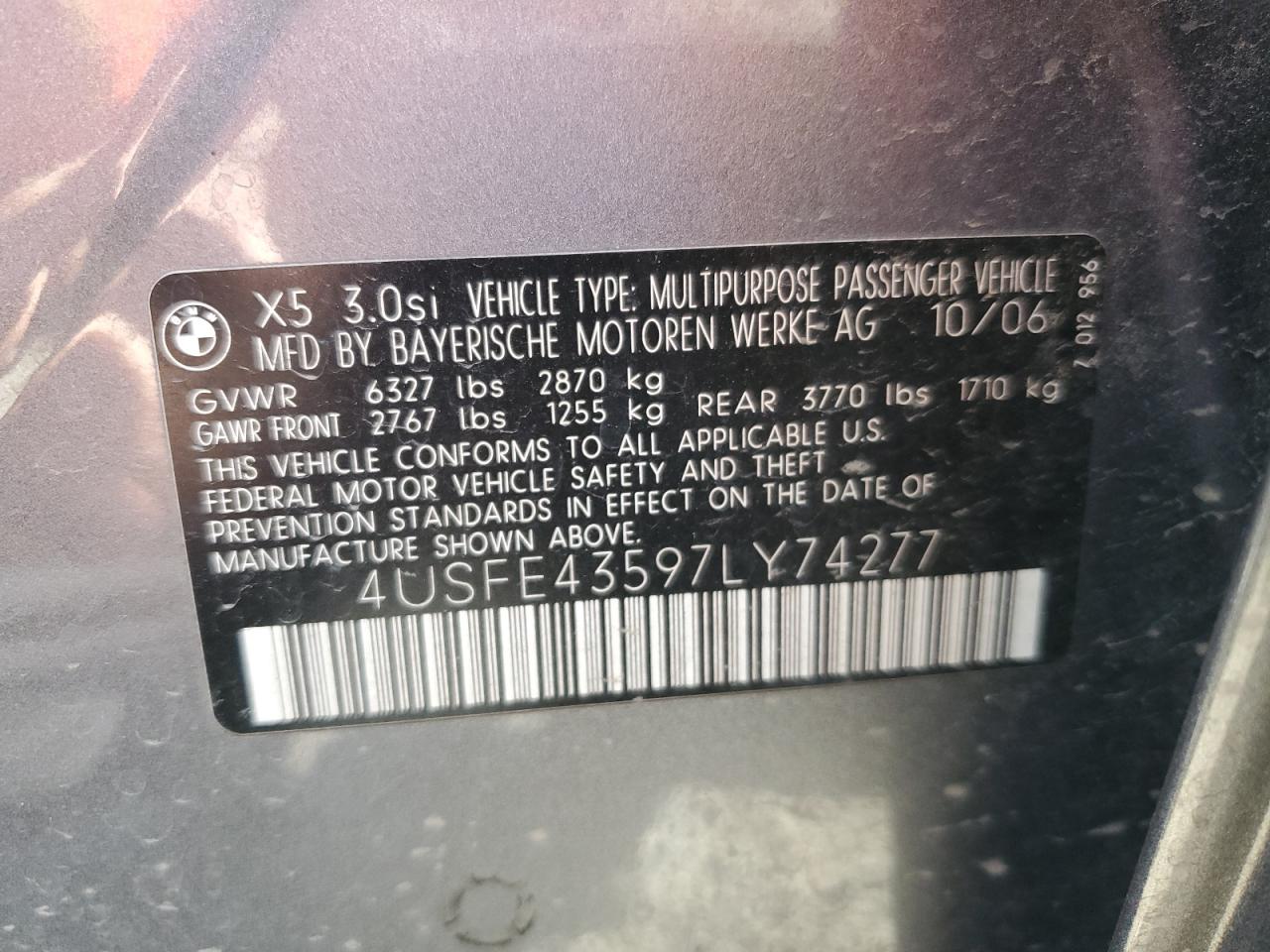 4USFE43597LY74277 2007 BMW X5 3.0I