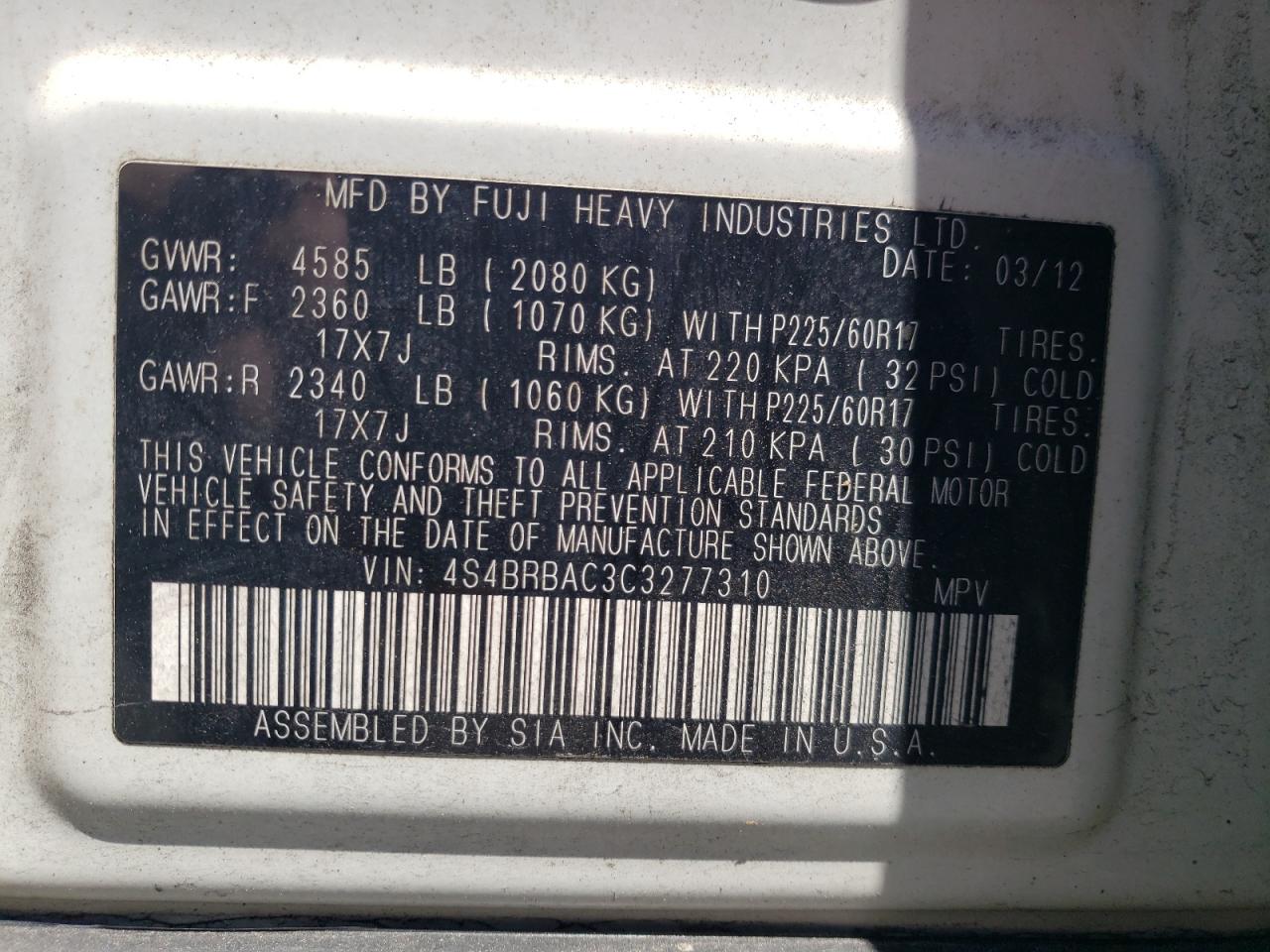 4S4BRBAC3C3277310 2012 Subaru Outback 2.5I