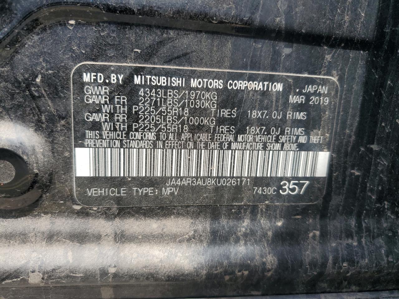 JA4AR3AU8KU026171 2019 Mitsubishi Outlander Sport Es