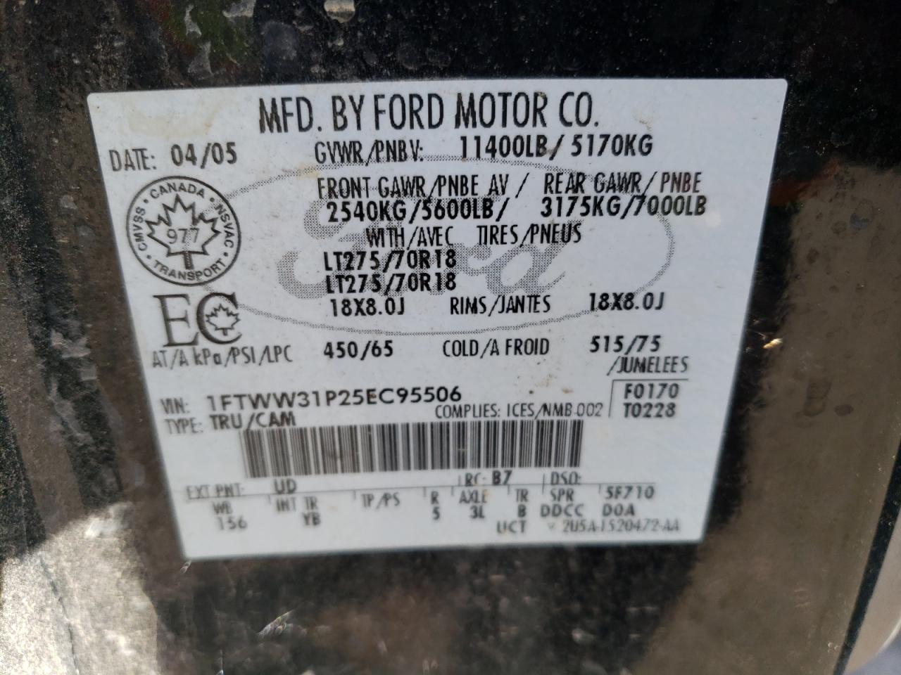 1FTWW31P25EC95506 2005 Ford F350 Srw Super Duty