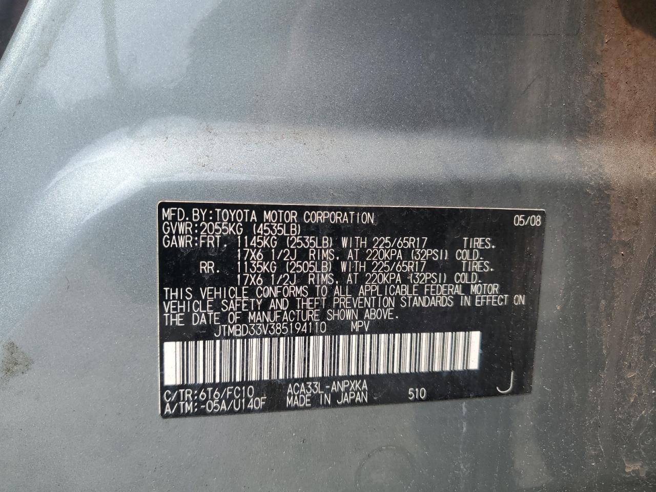 JTMBD33V385194110 2008 Toyota Rav4