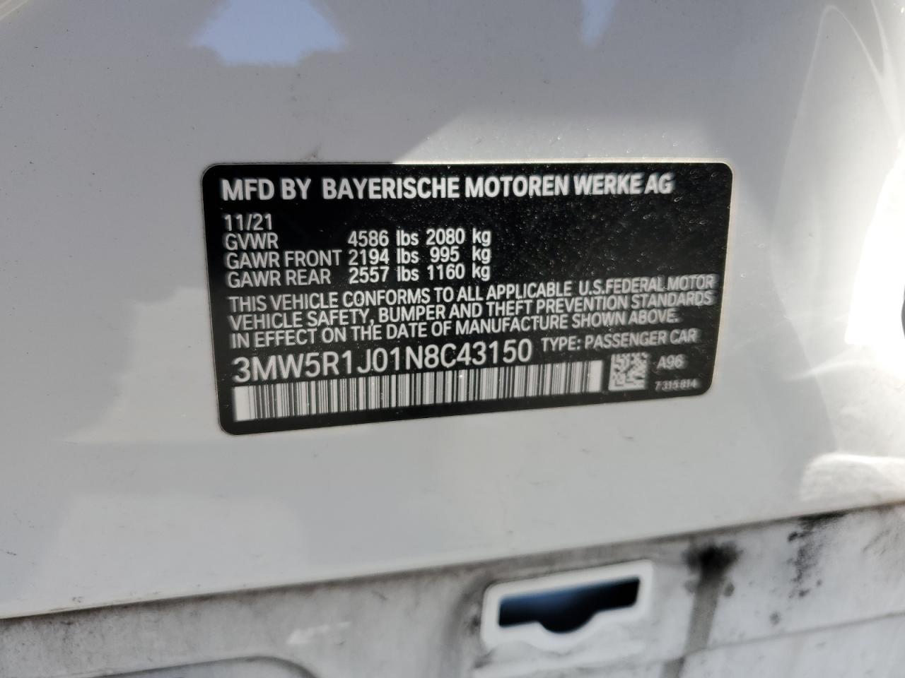 3MW5R1J01N8C43150 2022 BMW 330I