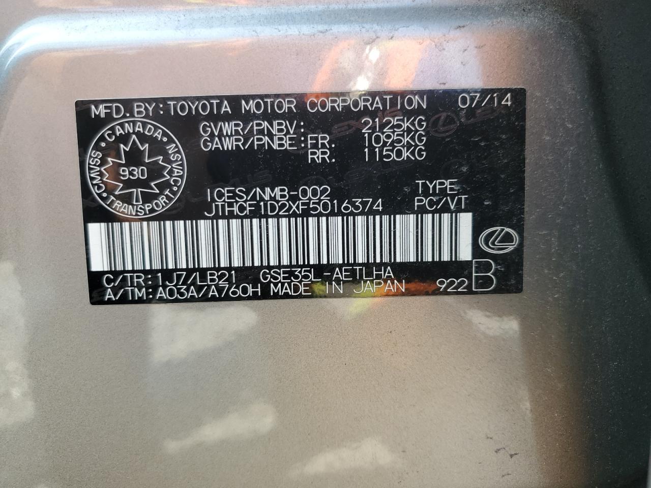 JTHCF1D2XF5016374 2015 Lexus Is 250