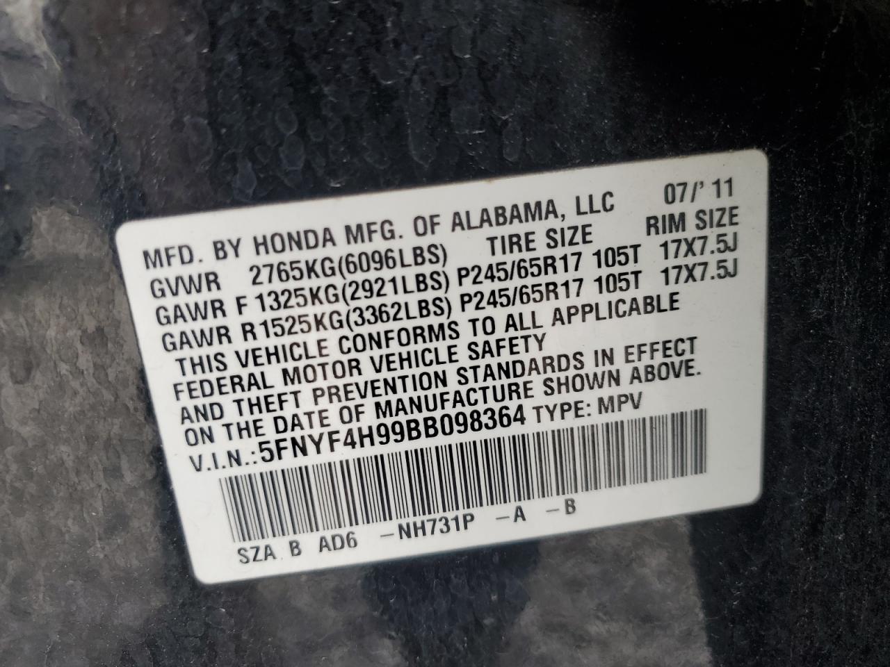 5FNYF4H99BB098364 2011 Honda Pilot Touring