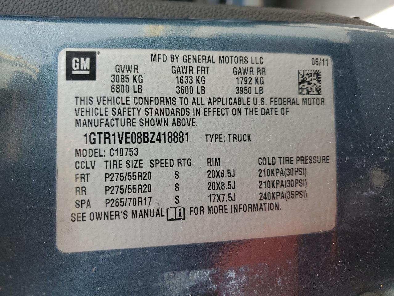 1GTR1VE08BZ418881 2011 GMC Sierra C1500 Sle