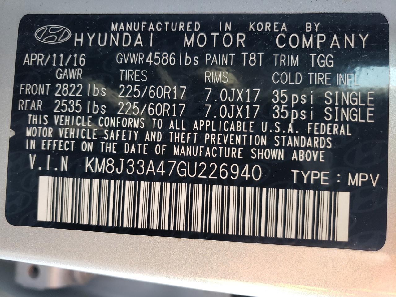 KM8J33A47GU226940 2016 Hyundai Tucson Limited