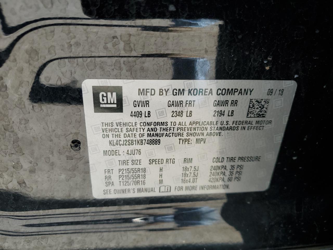 KL4CJ2SB1KB748889 2019 Buick Encore Sport Touring